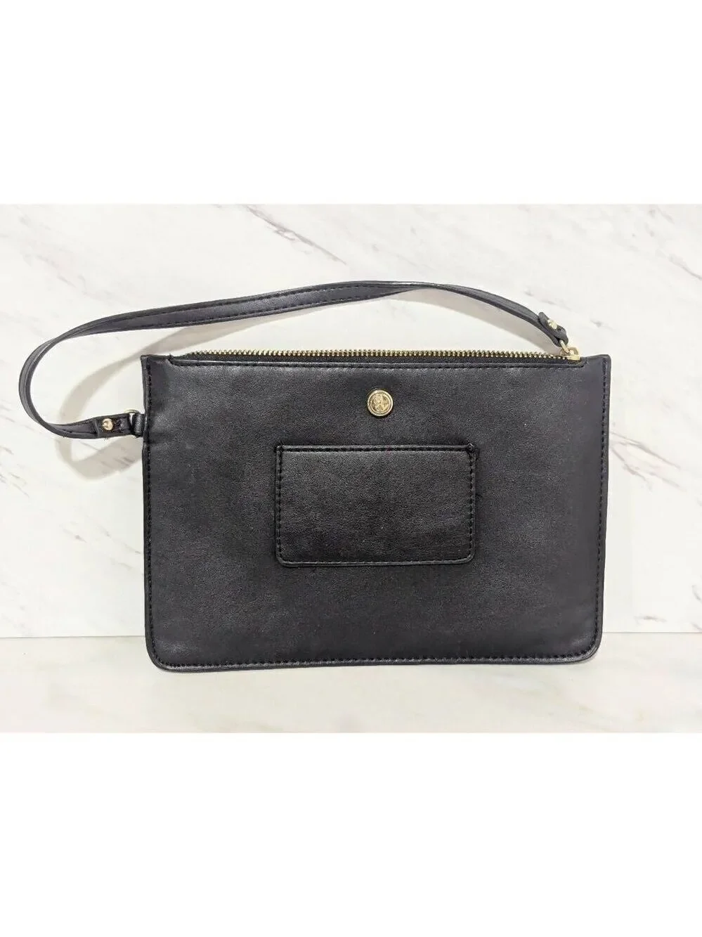 Nine West Women's Black Zip Top Vegan Leather Wrist Strap Exterior ID Pocket Pou